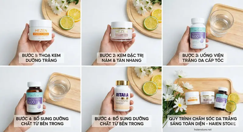 Quy trình chăm sóc da trắng sáng kết hợp viên uống và kem dưỡng